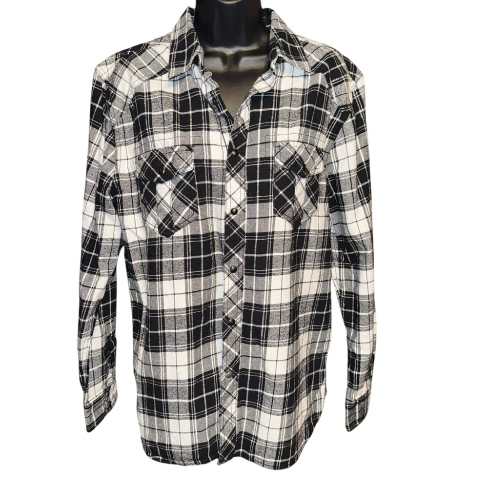 Route 66 Black White Plaid Flannel Shirt Women’s XL Button Down Soft Cotton